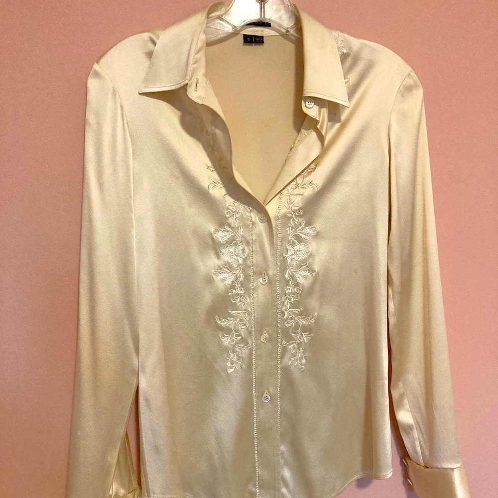 Lovely silk, long sleeve, button front shirt with embroidery.  Size Small.